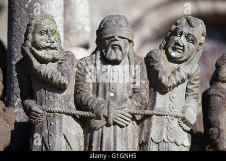 Detail der Steinmetzarbeiten auf dem Kalvarienberg, Saint-Thegonnec, Finistere, Bretagne, Frankreich, Europa Stockfoto