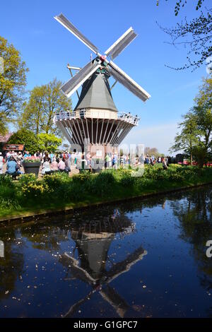 Windmühle am Keukenhof Gärten mit den Menschenmassen und eine atemberaubende Spiegelbild im Wasser. Stockfoto