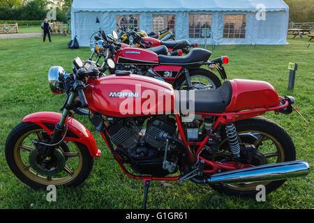 Henlow, Bedfordshire, Großbritannien. Mai 2016. Die Morini Riders Club Jahreshauptversammlung und Rallye in Henlow Bridge Lakes, Bedfordshire. Die Fans dieser italienischen Motorräder haben den Club 1975 gegründet. Stockfoto