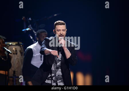 US-Sänger Justin Timberlake führt während der zweiten Generalprobe für die 61. jährliche Eurovision Song Contest (ESC) in Stockholm, Schweden, 13. Mai 2016. Das Finale statt findet am 14. Mai. Foto: Britta Pedersen/dpa Stockfoto