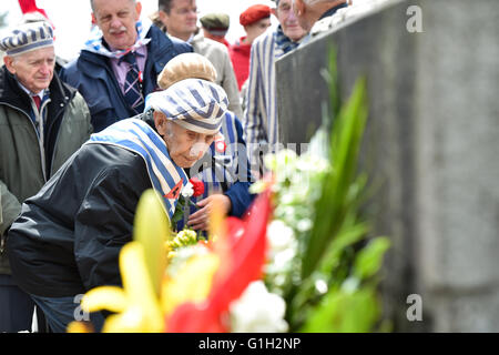 Wien, Österreich. 15. Mai 2016. Ältesten zollen Tribut getöteten im Rahmen einer Feierstunde zum 71. Jahrestag der Befreiung des KZ Mauthausen in dem Land Oberösterreich, Österreich, 15. Mai 2016. Mehr als 6.000 Menschen versammelten sich zum 71. Jahrestag der Befreiung des Konzentrationslagers Mauthausen am Sonntag. © Qian Yi/Xinhua/Alamy Live-Nachrichten Stockfoto