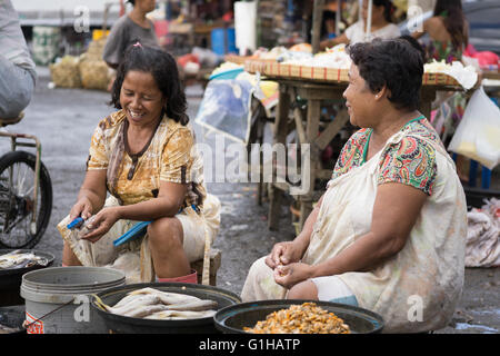 Zwei Frauen Vorbereitung & Skalierung Fisch innerhalb der CO2-Markt befindet sich im Zentrum von Cebu City, Philippinen Stockfoto