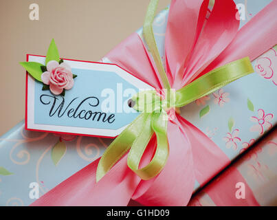 Eine Geschenkbox verpackt in hell blaues Papier mit blass rosa Rosen und WelcomeCard Stockfoto