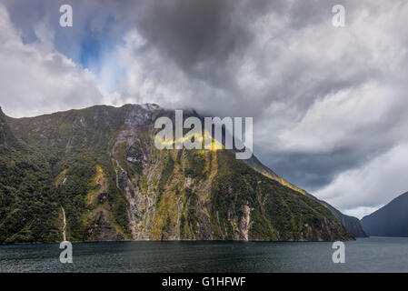 Landschaft der Milford Sound Fjord in Neuseeland nach starkem Regen. Das Bild wurde von einem Schiff aufgenommen. Stockfoto