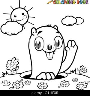 Cartoon Murmeltier, das aus einem Loch im Boden blickt. Cartoon Murmeltier Charakter. Vektor-Schwarzweiß-Farbseite. Stock Vektor