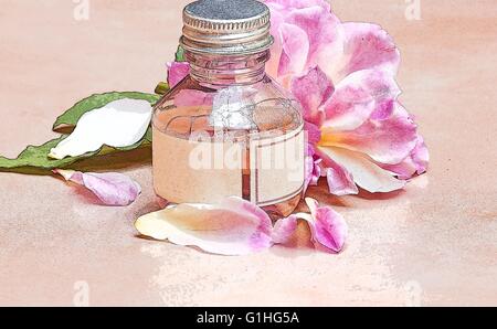 Rosa Rose und Rosenwasser auf rosa Hintergrund Stockfoto