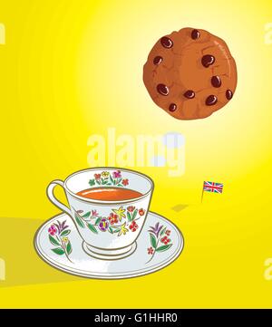 Vektor-Illustration von Kaffee denken der Cookie mit britischer Flagge auf gelbem Hintergrund Stock Vektor