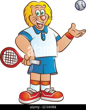 Vektor-Illustration von Tennis Spieler Löwen Maskottchen im Tennis-Sport-Kostüm mit Tennisschläger und ball Stock Vektor