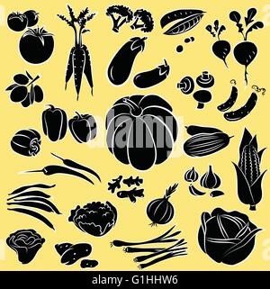 Vektor-Illustration von Gemüse-Sammlung im Silhouette-Modus auf gelbem Hintergrund Stock Vektor