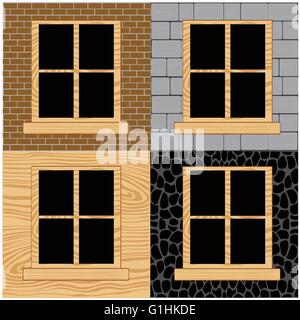 Holzfenster in Wand aus Stein, Ziegel und Baum Stock Vektor