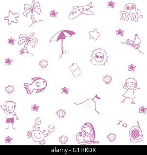 Symbolsatz Sommer Strand Doodle Kunst Stock Vektor