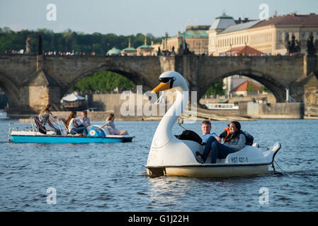 Ein Schwan-Tretboot mit Touristen auf der Moldau, Prag, Tschechische Republik Stockfoto