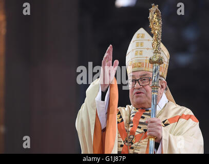 Mainz, Deutschland. 16. Mai 2016. Der Abschied Bischof von Mainz, Kardinal Karl Lehmann, liefert seinen Segen während des Gottesdienstes zu seinem 80. Geburtstag in der Kathedrale in Mainz, Deutschland, 16. Mai 2016. Kardinal Lehmann ist nach 33 Jahren als Bischof von Mainz in den Ruhestand gehen. Foto: ARNE DEDERT/Dpa/Alamy Live-Nachrichten Stockfoto