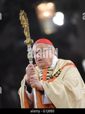 Mainz, Deutschland. 16. Mai 2016. Der Abschied Bischof von Mainz, Kardinal Karl Lehmann, stützt sich auf seinen Crozier während des Gottesdienstes zu seinem 80. Geburtstag in der Kathedrale in Mainz, Deutschland, 16. Mai 2016. Kardinal Lehmann ist nach 33 Jahren als Bischof von Mainz in den Ruhestand gehen. Foto: ARNE DEDERT/Dpa/Alamy Live-Nachrichten Stockfoto