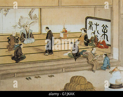 Szene von E-fumi (auf Bild von Jesus Christus oder Jungfrau Maria). Es wurde durchgeführt, um Christen in Japan während der Edo-Zeit zu finden. Künstler Keiga Kawahara Datum um 1826 Stockfoto