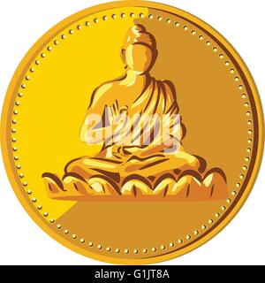 Abbildung einer Goldmünze Medaille zeigt Silhouette des Gautama Buddha, Siddhārtha Gautama Shakyamuni Buddha im Lotussitz angesehen von vorne im retro-Stil gemacht. Stock Vektor