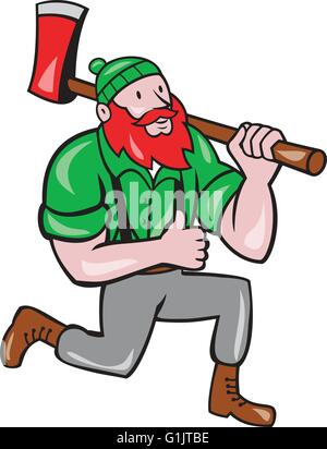 Abbildung einer Paul Bunyan gesetzt ein amerikanischen Holzfäller Sawyer Wald hält eine Axt auf Schulter kniend mit Daumen nach oben auf isolierten weißen Hintergrund im Cartoon-Stil gemacht. Stock Vektor