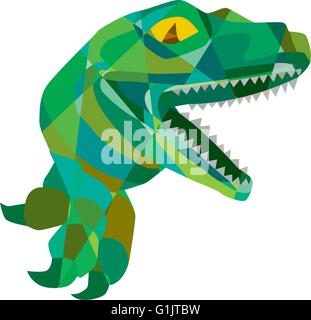 Niedrige Polygon Stil Illustration ein Raptor t-Rex Dinosaurier Echse Reptil aus der Seitenansicht am isolierten weißen Hintergrund Wand zu brechen. Stock Vektor