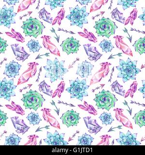 kreative Musterdesign mit handbemalten tribal-Designelementen - Pfeile, Edelsteine, Pflanzen für Tapeten und Textil-design Stockfoto