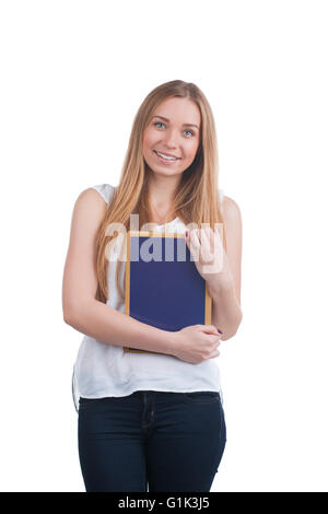 Frau mit Bilderrahmen Stockfoto