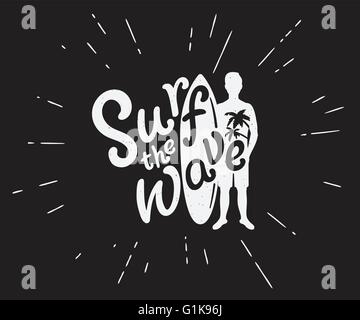 Grunge schwarz / weiß Darstellung der Surfer mit Surfbrett Stock Vektor