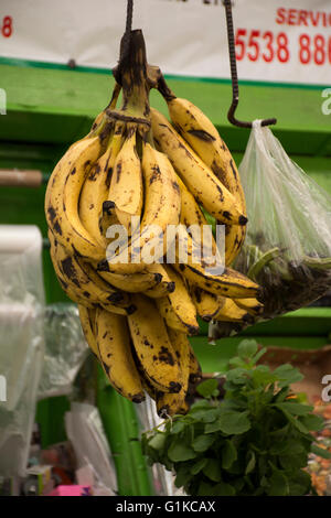 Bananen für hängende anzeigen in einem Markt, Mexiko-Stadt, Mexiko. Stockfoto