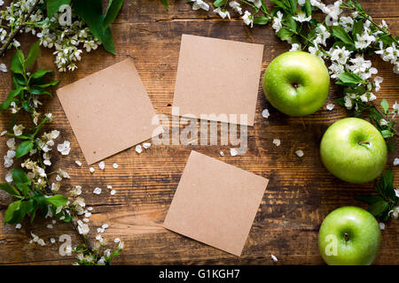 Schönen Frühling/Sommer Hintergrund: Apfelblüten und frische grüne Äpfel auf strukturierte Holz Hintergrund. Leere Vintage-Papier Stockfoto