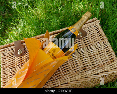 Veuve Clicquot Luxus Champagner & Präsentationsbox und Picknickkorb im Freien im grünen Garten Stockfoto