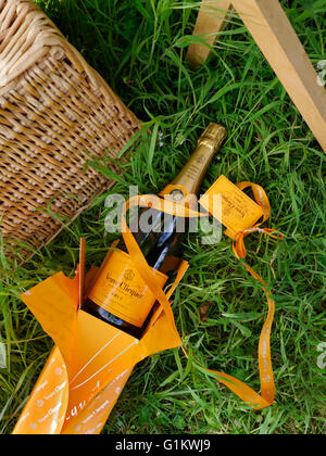 Veuve Clicquot-Luxus-Champagner & Präsentation Box & Band mit alfresco Picknickkorb im grünen Garten Stockfoto