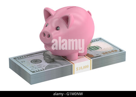 Sparschwein und Dollar Pack, 3D-Rendering isolierten auf weißen Hintergrund Stockfoto
