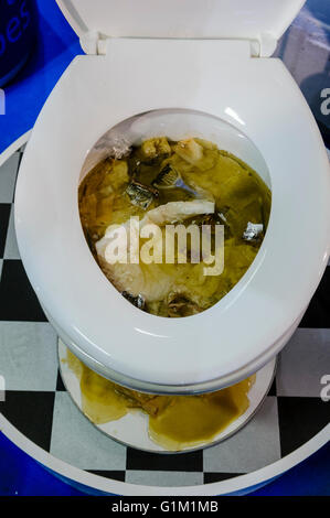 Toilette mit Müll und WC-Papierrolle, auf dem Badezimmerboden überfüllt blockiert. Stockfoto