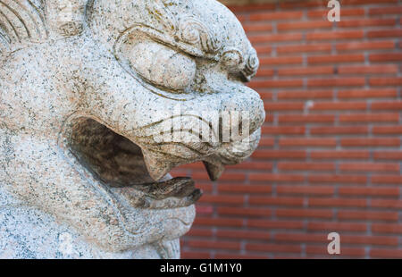 Granit-Skulptur des traditionellen chinesischen Löwen Gesicht Nahaufnahme selektiven Fokus Stockfoto