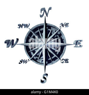 Kompass-Symbol als Navigationsobjekt mit Nord-Süd-Ost und West Richtungen als 3D Abbildung Symbol für Fahrtrichtung. Stockfoto