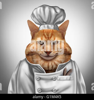 Katze Koch humorvoll Konzept als eine fette Katze in eine Koch-Uniform mit Federn in einer Tasche als Tierarzt pet Nutrition Symbol mit 3D Abbildung Elememnts. Stockfoto