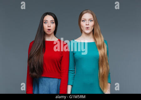 Zwei Mädchen stehen auf grauem Hintergrund und Blick in die Kamera begeistert Stockfoto