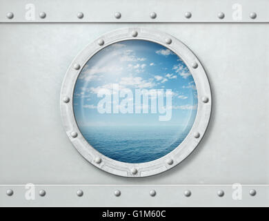 Schiff Bullauge oder Fenster mit Meer und Horizont 3d illustration Stockfoto