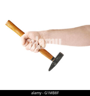 Hand mit einem Hammer-Werkzeug, Zusammensetzung, die über dem weißen Hintergrund isoliert Stockfoto