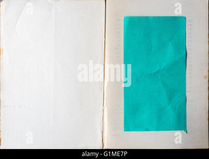 Buch für die erste Seite zeigt leeres grüne Papier innen geöffnet. Stockfoto