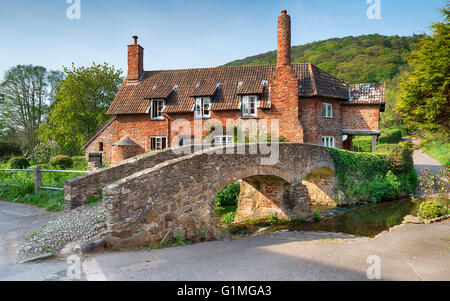 Eine hübsche Lastesel Brücke und Ford über den Fluss Allerat das Dorf Allerford auf Exmoor National Park in Somerset Stockfoto