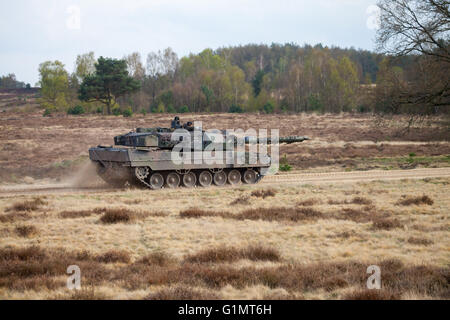 Deutsche Hauptkampf Panzer Leopard 2 6 Laufwerke auf deutsche militärische Übungsgelände Stockfoto