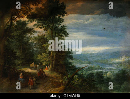 Jan Brueghel dem älteren (1568-1625). Flämischer Maler. Wald-Edger (Flucht nach Ägypten), 1610. Öl auf Kupfer. Die Eremitage. Sankt Petersburg. Russland. Stockfoto