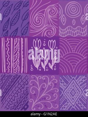Vector abstract seamless pattern, hand drawn patchwork design, violett shades. Design for textile and wrapping paper. Stock Vektor