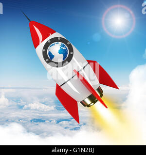 Erdkugel fliegen in Himmel auf gezeichnete Rakete Stockfoto