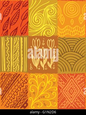 Vektor Zusammenfassung nahtlose Muster, Hand gezeichnet patchwork Design-, Orange- und Gelbtönen. Design für Textil- und Geschenkpapier. Stock Vektor