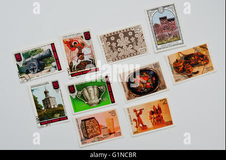 UZHGOROD, UKRAINE - ca. Mai 2016: Sammlung von Briefmarken gedruckt in der UdSSR zeigt Meisterwerke der alten russischen cul Stockfoto