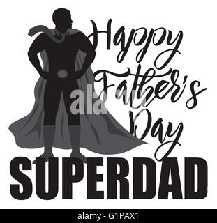 Glückliche Vatertag Super Papa Superhelden schwarze Silhouette Umriss auf weißem Hintergrund Illustration isoliert Stockfoto