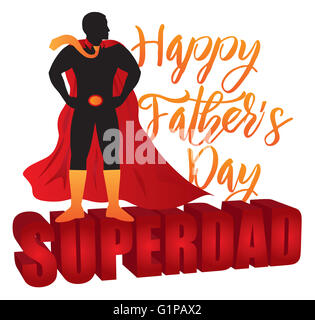 Glückliche Vatertag Super Papa 3D-Text Superhelden Silhouette Umrissfarbe auf weißem Hintergrund Illustration isoliert Stockfoto