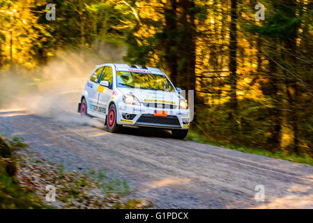 Karlskrona, Schweden - 6. Mai 2016: 41. Süd Schweden-Rallye im Wald außerhalb der Stadt auf Schotterstraße auf special Stage 2. Team-Rad Stockfoto