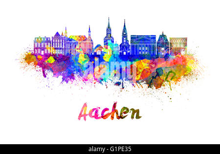 Skyline von Aachen in Aquarell Spritzer mit Beschneidungspfad Stockfoto