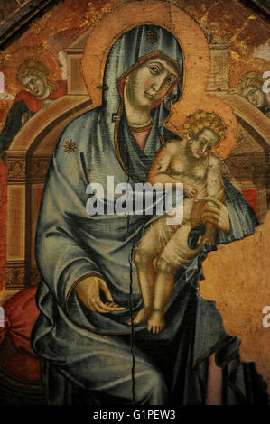 Siena-Künstler des 14. Jahrhunderts. Madonna und Kind mit hagiographischen Szenen in Briefmarken, 1320-1325 inthronisiert. Detail. Tempera auf Verkleidung. Die Eremitage. Sankt Petersburg. Russland. Stockfoto